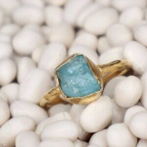 Raw Blue Apatite Ring | Sterling Silver & 22k Gold Plated | Handmade Jewelry